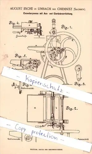 Original Patent - A. Esche in Limbach bei Chemnitz , Sachsen , 1886 , Excenterpresse !!!