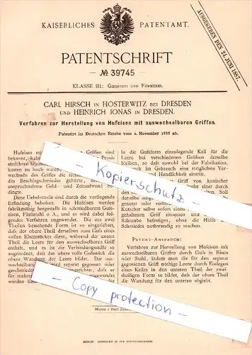 Original Patent - C. Hirsch in Hosterwitz bei Dresden und H. Jonas in Dresden , 1886 , Hufeisen !!!