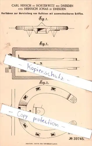Original Patent - C. Hirsch in Hosterwitz bei Dresden und H. Jonas in Dresden , 1886 , Hufeisen !!!