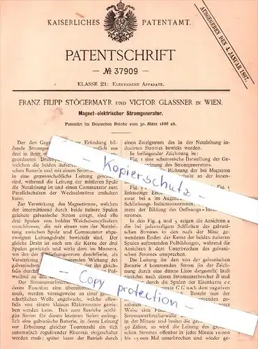 Original Patent - F. Filipp Stögermayr und V. Glassner in Wien , 1886 , Stromgenerator !!!