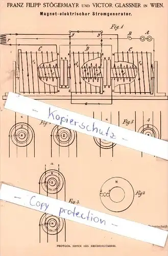 Original Patent - F. Filipp Stögermayr und V. Glassner in Wien , 1886 , Stromgenerator !!!