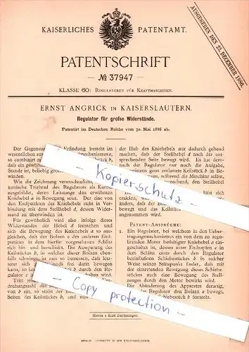 Original Patent - Ernst Angrick in Kaiserslautern , 1886 , Regulator für Widerstände !!!