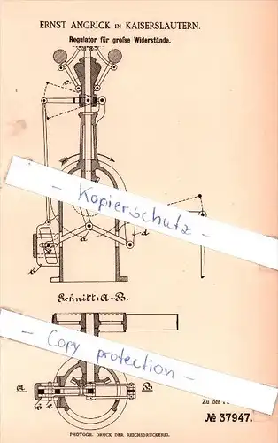 Original Patent - Ernst Angrick in Kaiserslautern , 1886 , Regulator für Widerstände !!!