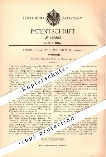 Original Patent - Friedrich Arntz in Weidenthal b. Bad Dürkheim , 1900 , Turbinenanlage ,  Turbine !!!