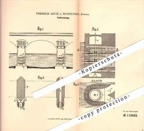 Original Patent - Friedrich Arntz in Weidenthal b. Bad Dürkheim , 1900 , Turbinenanlage ,  Turbine !!!