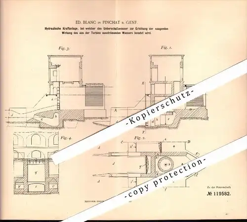 Original Patent - Ed. Blanc in Pinchat b. Genf / Geneve , 1899 , Hydraulische Kraftanlage !!!