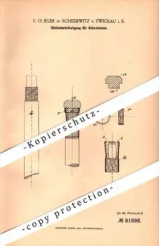 Original Patent - L.O. Eger in Schedewitz b. Zwickau , 1894 , Billardstöcke , Billard , Queue !!!