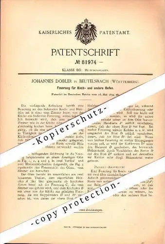 Original Patent - Johannes Dobler in Beutelsbach b. Weinstadt , Württemberg , 1894 , Ofen-Feuerung , Heizungsbau !!!