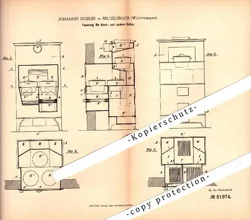 Original Patent - Johannes Dobler in Beutelsbach b. Weinstadt , Württemberg , 1894 , Ofen-Feuerung , Heizungsbau !!!