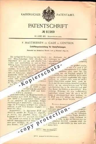 Original Patent - F. Matthiesen in Cade b. Genthin , 1894 , Entlüftung für Dampfheizung !!!