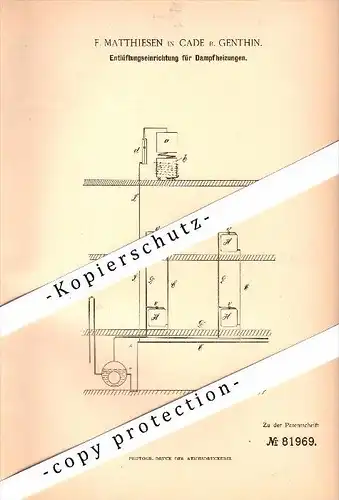 Original Patent - F. Matthiesen in Cade b. Genthin , 1894 , Entlüftung für Dampfheizung !!!