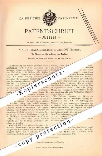 Original Patent - August Bauschlicher in Zbirow / Zbiroh , Böhmen , 1894 , Darstellung von Aceton , Chemie , Labor !!!