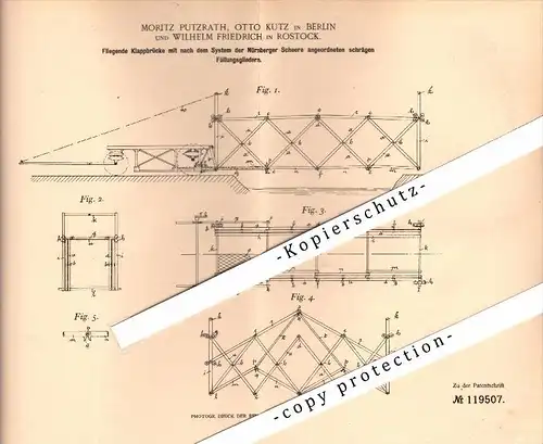 Original Patent - W. Friedrich in Rostock i. Mecklenburg , 1899 , Zugbrücke , Brücke , M. Putzrath und O. Kutz in Berlin