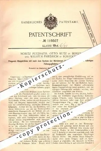 Original Patent - W. Friedrich in Rostock i. Mecklenburg , 1899 , Zugbrücke , Brücke , M. Putzrath und O. Kutz in Berlin