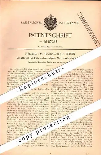 Original Patent - Heinrich Schwabacher in Berlin , 1896 , Schaltwerk an Fahrpreisanzeigern bei Taxen , Taxameter , Taxi