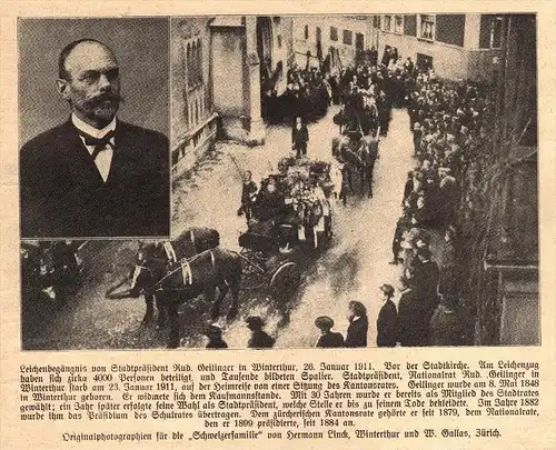 original Zeitungsausschnitt - 1911 - Leichenzug von Staatspräsident Rud. Geilinger in Winterthur  !!!