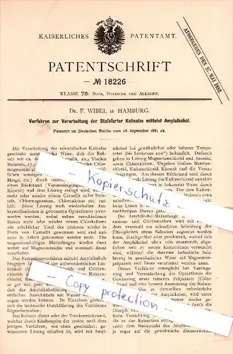 Original Patent - Dr. F. Wibel in Hamburg , 1881 ,  Verarbeitung der Staßfurter Kalisalze !!!