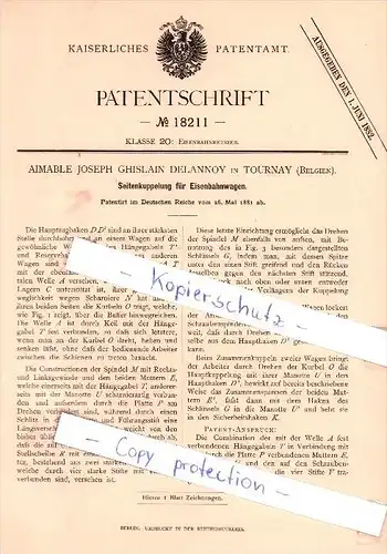Original Patent - Aimable Joseph Ghislain Delannoy in Tournay , Belgien , 1881 , Kupplung für Eisenbahn !!!