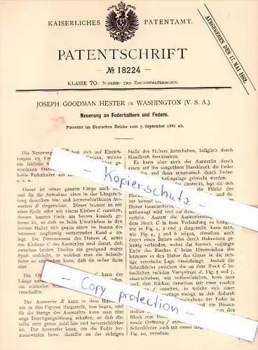 Original Patent - Joseph Goodman Hester in Washington , USA , 1881 , Federhalter und Feder !!!