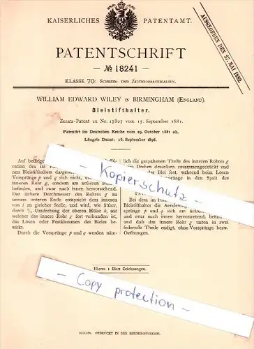 Original Patent - William Edward Wiley in Birmingham , England , 1881 , Bleistifthalter !!!