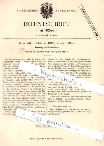 Original Patent - G. A. Greeven in Brühl bei Köln , 1881 , Neuerung an Pulsometern !!!