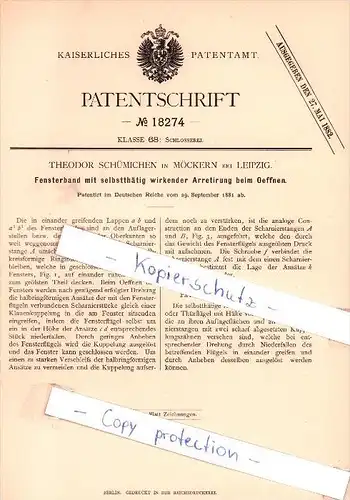 Original Patent - T. Schümichen in Möckern bei Leipzig , 1881 , Fensterband mit Arretirung !!!