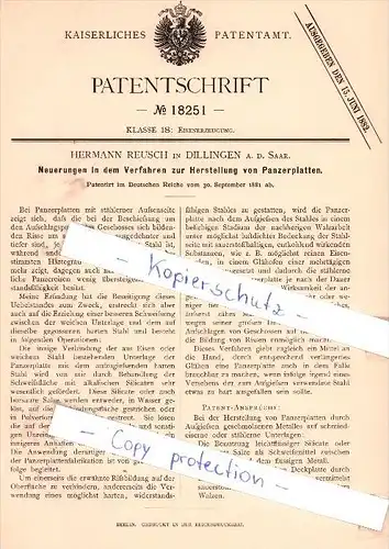 Original Patent - H. Reusch in Dillingen a.d. Saar , 1881 , Verfahren zur Herstellung von Panzerplatten !!!