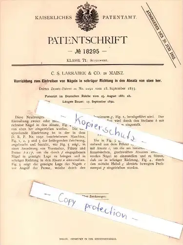 Original Patent - C. S. Larrabee & Co. in Mainz , 1881 , Eintreiben von Nägeln in schräger Richtung !!!