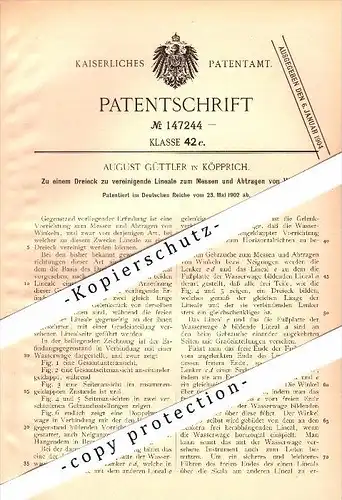 Original Patentschrift - August Güttler in Köpprich / Przygórze , 1902 , Lineale für Winkel , Geometrie