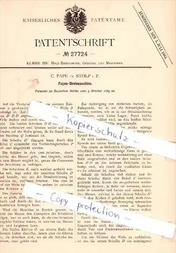 Original Patent - C. Pape in Stolp i. P. / Slupsk , 1883 , Facon-Drehmaschine !!!