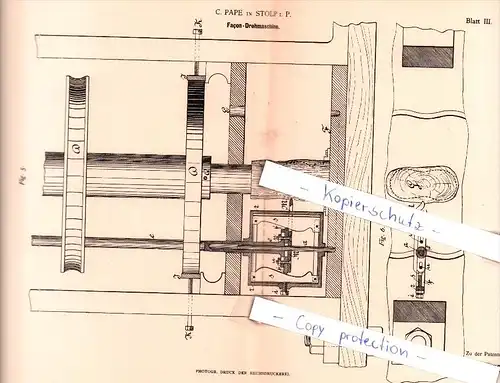 Original Patent - C. Pape in Stolp i. P. / Slupsk , 1883 , Facon-Drehmaschine !!!