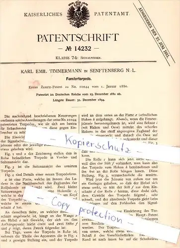 Original Patent - Karl Emil Timmermann in Senftenberg N.-L. , 1880 , Fenstertorpedo !!!
