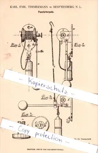 Original Patent - Karl Emil Timmermann in Senftenberg N.-L. , 1880 , Fenstertorpedo !!!