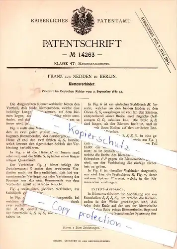 Original Patent - Franz zur Nedden in Berlin , 1880 , Riemenverbinder !!!