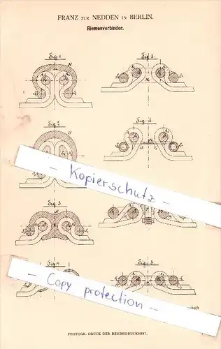 Original Patent - Franz zur Nedden in Berlin , 1880 , Riemenverbinder !!!