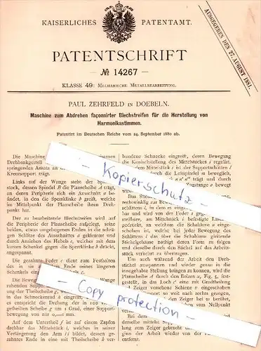 Original Patent - Paul Zehrfeld in Doebeln , 1880 , Mechanische Metallbearbeitung , Döbeln !!!