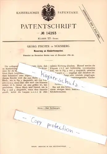 Original Patent - Georg Fischer in Nürnberg , 1880 , Kindertrompeten , Trompete , trumpet , brass !!!