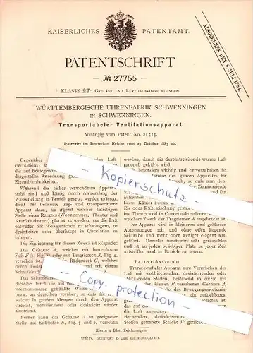 Original Patent - Württembergische Uhrenfabrik Schwenningen in Schwenningen , 1883 ,  Ventilationsapparat , Uhren !!!