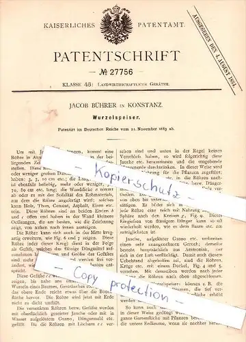 Original Patent - Jacob Bührer in Konstanz , 1883 , Wurzelspeiser !!!