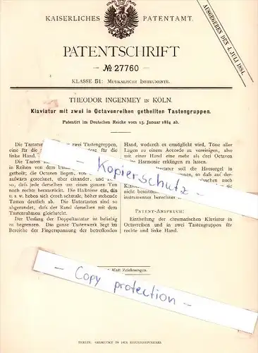 Original Patent - T. Ingenmey in Köln , 1884 , Klaviatur , Musikalische Instrumente !!!
