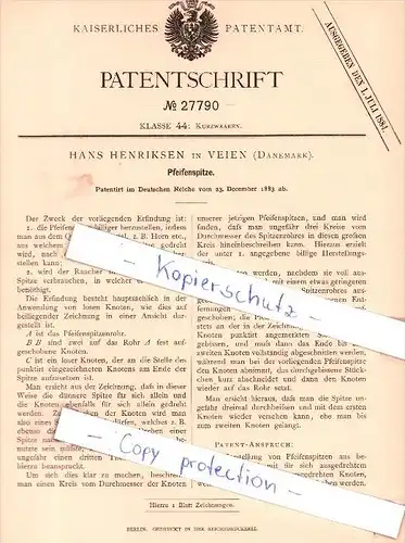 Original Patent - Hans Henriksen in Vejen /  Veien , Dänemark , 1883 , Pfeifenspitze !!!