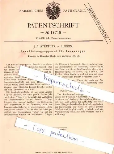 Original Patent - J. A. Strupler in Luzern , 1882 , Beschickungsapparat für Feuerungen !!!