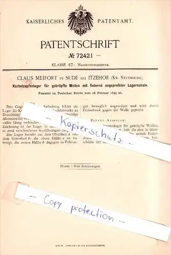 Original Patent - Claus Meifort in Sude bei Itzehoe , Kr. Steinburg , 1893 , Kurbelzapfenlager !!!