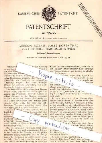 Original Patent - G. Boehm, J. Rosenthal und F. Bartosch in Wien , 1893 , Oeldampf-Bunsenbrenner !!!