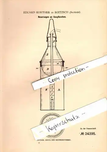 Original Patent - Eduard Konther in Roitzsch , Sachsen , 1883 , Saugflaschen , Babyflasche , Sandersdorf-Brehna !!