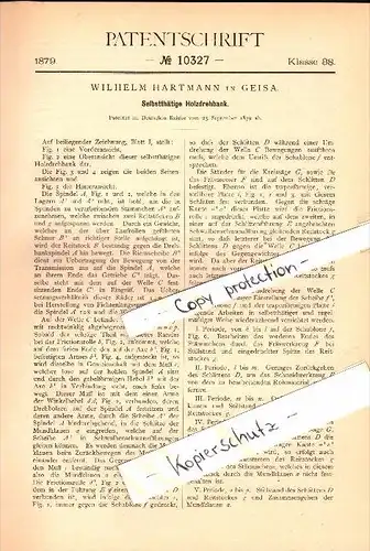 Original Patent - Wilhelm Hartmann in Geisa , 1880 , selbsttätige Holz-Drehbank , Tischlerei , Tischler !!!