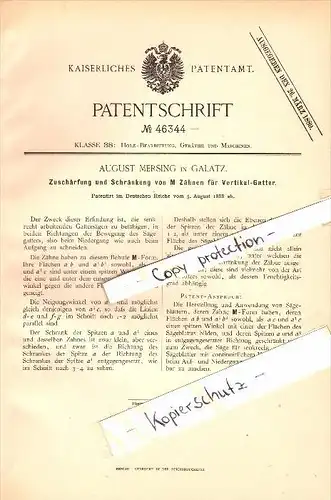 Original Patent - August Mersing in Galatz / Galati , 1888 , Schärfung und Schränkung für Gatter , Sägewerg , Holz !!!