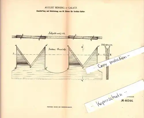 Original Patent - August Mersing in Galatz / Galati , 1888 , Schärfung und Schränkung für Gatter , Sägewerg , Holz !!!
