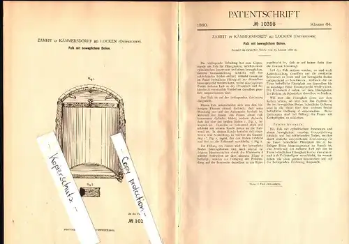 Original Patent - Zameit in Kämmersdorff b. Locken , Ostpreussen , 1880 , Fass mit beweglichem Boden , Osterode !!!