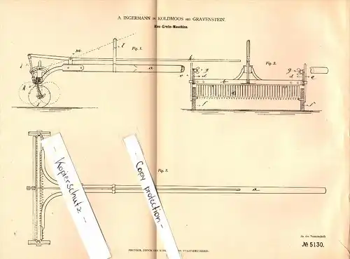 Original Patent - A. Ingermann in Koldmoos b. Gravenstein / Grasten , 1879 , Klee-Erntemaschine , Agrar , Dänemark !!!